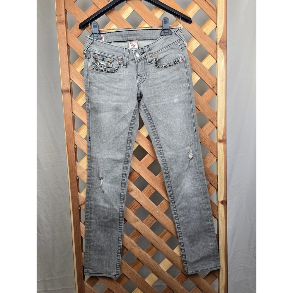 True Religion Jeans Womens 26 Gray Studded Distressed Low Rise Skinny - Good